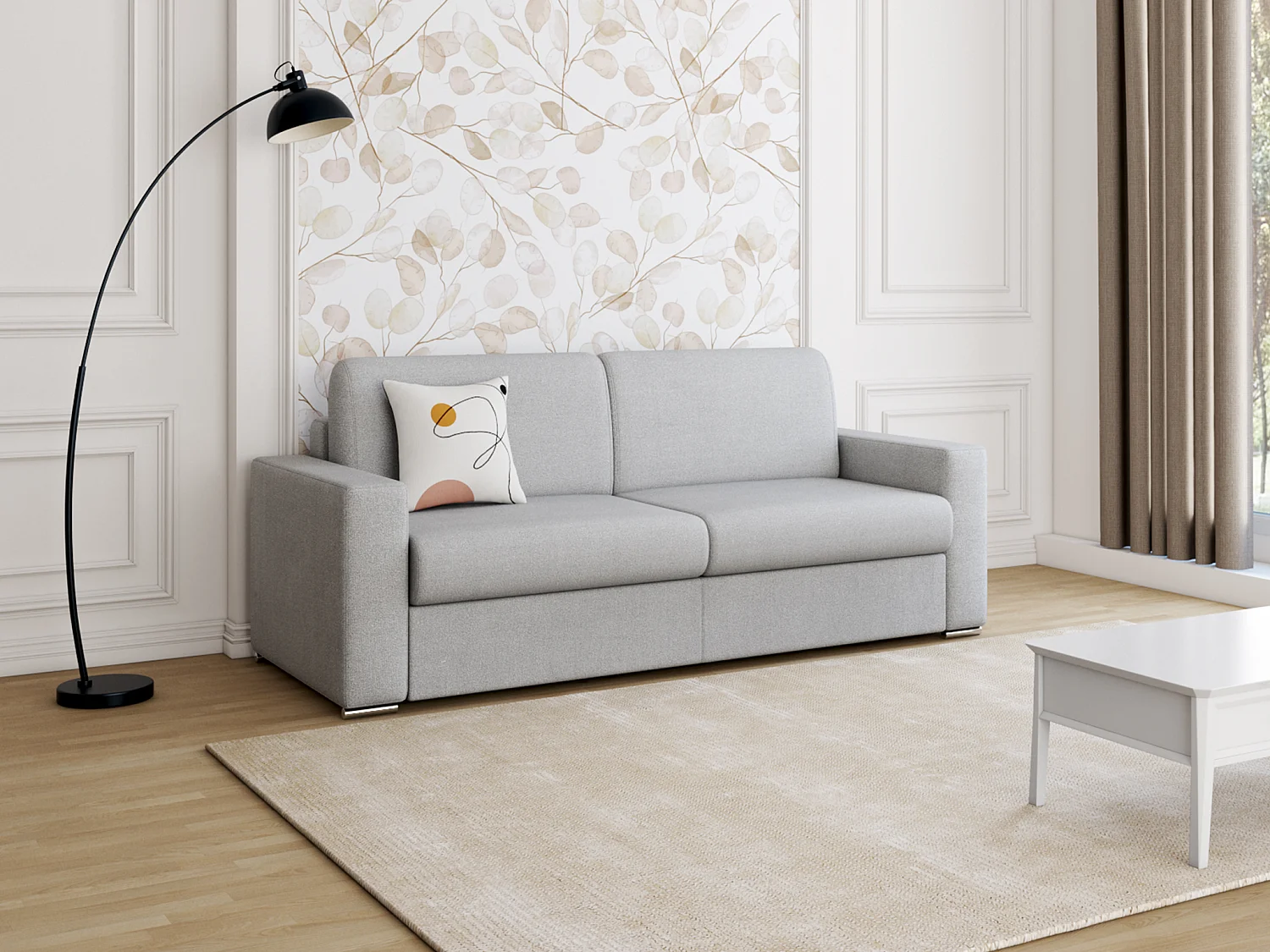 Driezitsslaapbank express - 14 cm matras in gemêleerde grijze stof CALITO