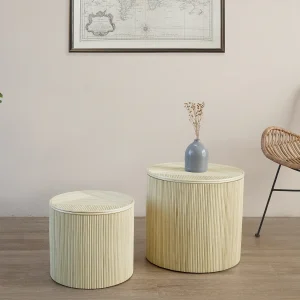 Set van 2 ronde bijzettafeltjes met opbergruimte, rotan D44 en D50 – Naturel – GABES Set van 2 ronde bijzettafeltjes met opbergruimte, rotan D44 en D50 – Naturel – GABES