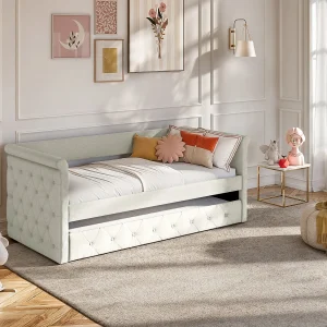 Uitschuifbare slaapbank 2 x 90 x 190 cm van beige stof met capitonnage met matras – LOUISE
