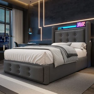 Eenpersoonsbed 90×200 met LED-hoofdbord en USB C-lader, hydraulisch bed, grijs (zonder matras) Eenpersoonsbed 90×200 met LED-hoofdbord en USB C-lader, hydraulisch bed, grijs (zonder matras)