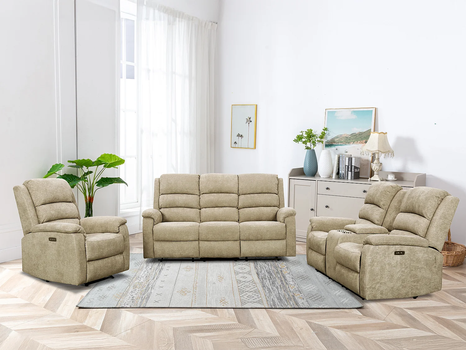 Elektrische relax-3-+2-+1-zitsbank van taupe stof NEVERS
