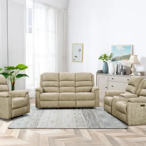 Elektrische relax-3-+2-zitsbank van taupe stof met plankje NEVERS Elektrische relax-3-+2-zitsbank van taupe stof met plankje NEVERS