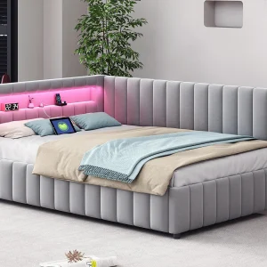 Fluweel gestoffeerd dagbed – 140x200cm – met LED-verlichting en USB-aansluiting – Lichtgrijs (matras niet inbegrepen) Fluweel gestoffeerd dagbed – 140x200cm – met LED-verlichting en USB-aansluiting – Lichtgrijs (matras niet inbegrepen)