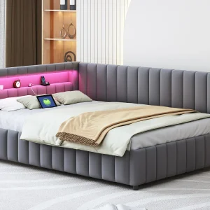 Fluwelen gestoffeerde slaapbank – 140x200cm – met LED-verlichting en USB-aansluiting – Grijs (matras niet inbegrepen) Fluwelen gestoffeerde slaapbank – 140x200cm – met LED-verlichting en USB-aansluiting – Grijs (matras niet inbegrepen)