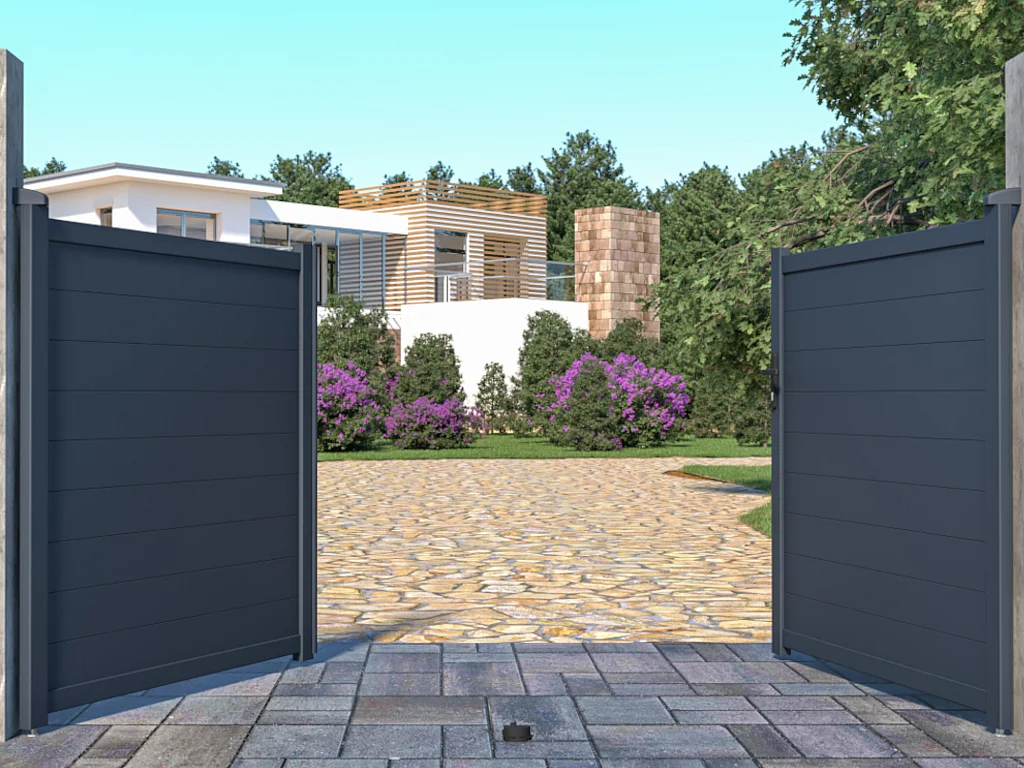 Draaipoort van aluminium NAZARIO antraciet - L305 x 166 cm - Koop nu goedkoop online