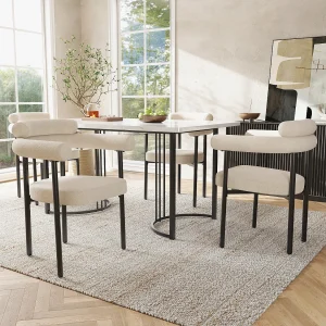 Eettafel + 4 fluwelen stoelenset – 140 x 80 x 75 cm – MDF hout en metaal – Blad met marmereffect – Beige + wit