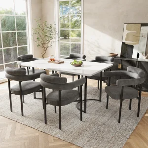 Eettafel + 6 fluwelen stoelenset – 140 x 80 x 75 cm – MDF hout en metaal – Blad met marmereffect – Grijs + wit Eettafel + 6 fluwelen stoelenset – 140 x 80 x 75 cm – MDF hout en metaal – Blad met marmereffect – Grijs + wit