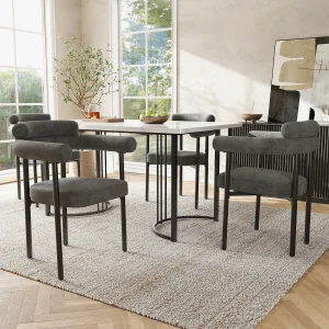 Eettafel + 4 fluwelen stoelenset – 140 x 80 x 75 cm – MDF hout en metaal – Blad met marmereffect – Grijs + wit