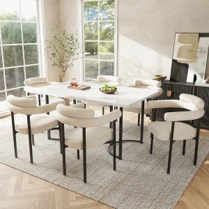Eettafel + 6 fluwelen stoelenset – 140 x 80 x 75 cm – MDF hout en metaal – Blad met marmereffect – Beige + wit Eettafel + 6 fluwelen stoelenset – 140 x 80 x 75 cm – MDF hout en metaal – Blad met marmereffect – Beige + wit