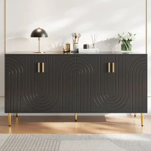 Dressoir met 4 deuren – 152 x 40 x 75 cm – MDF hout – Wave design – Zwart Dressoir met 4 deuren – 152 x 40 x 75 cm – MDF hout – Wave design – Zwart