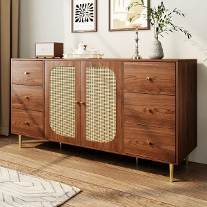 Dressoir met 2 rotan deuren en 6 lades – 160 x 40 x 90 cm – MDF hout en goud metalen poten – Voor keuken, huis – Bruin Dressoir met 2 rotan deuren en 6 lades – 160 x 40 x 90 cm – MDF hout en goud metalen poten – Voor keuken, huis – Bruin