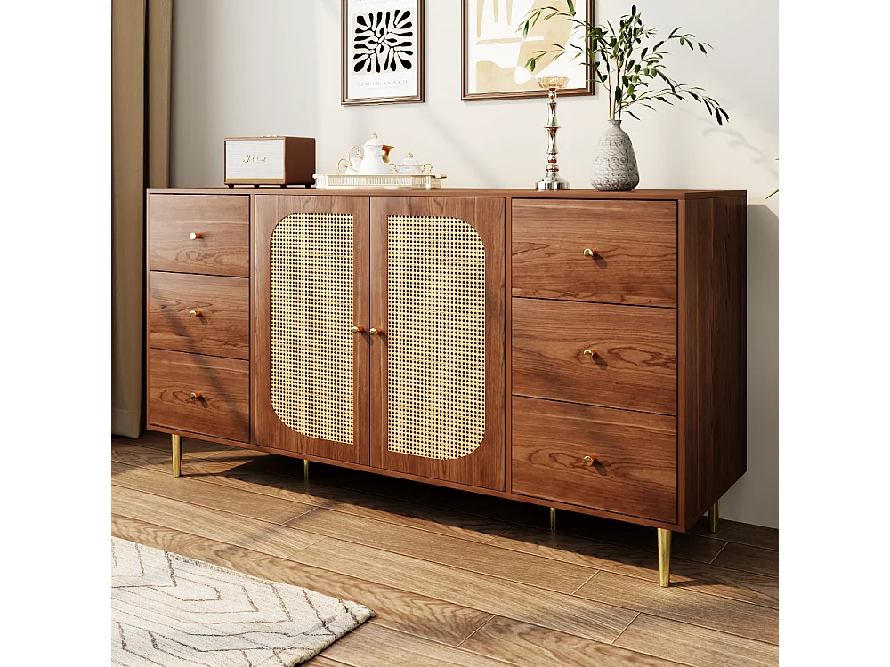 Dressoir met 2 rotan deuren en 6 lades - 160 x 40 x 90 cm - MDF hout en goud metalen poten - Voor keuken, huis - Bruin