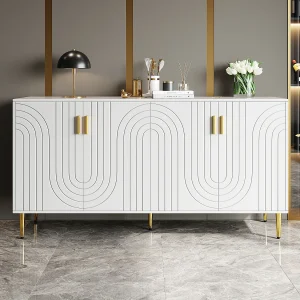 Dressoir met 4 deuren – 152 x 40 x 75 cm – MDF hout – Wave design – Wit Dressoir met 4 deuren – 152 x 40 x 75 cm – MDF hout – Wave design – Wit