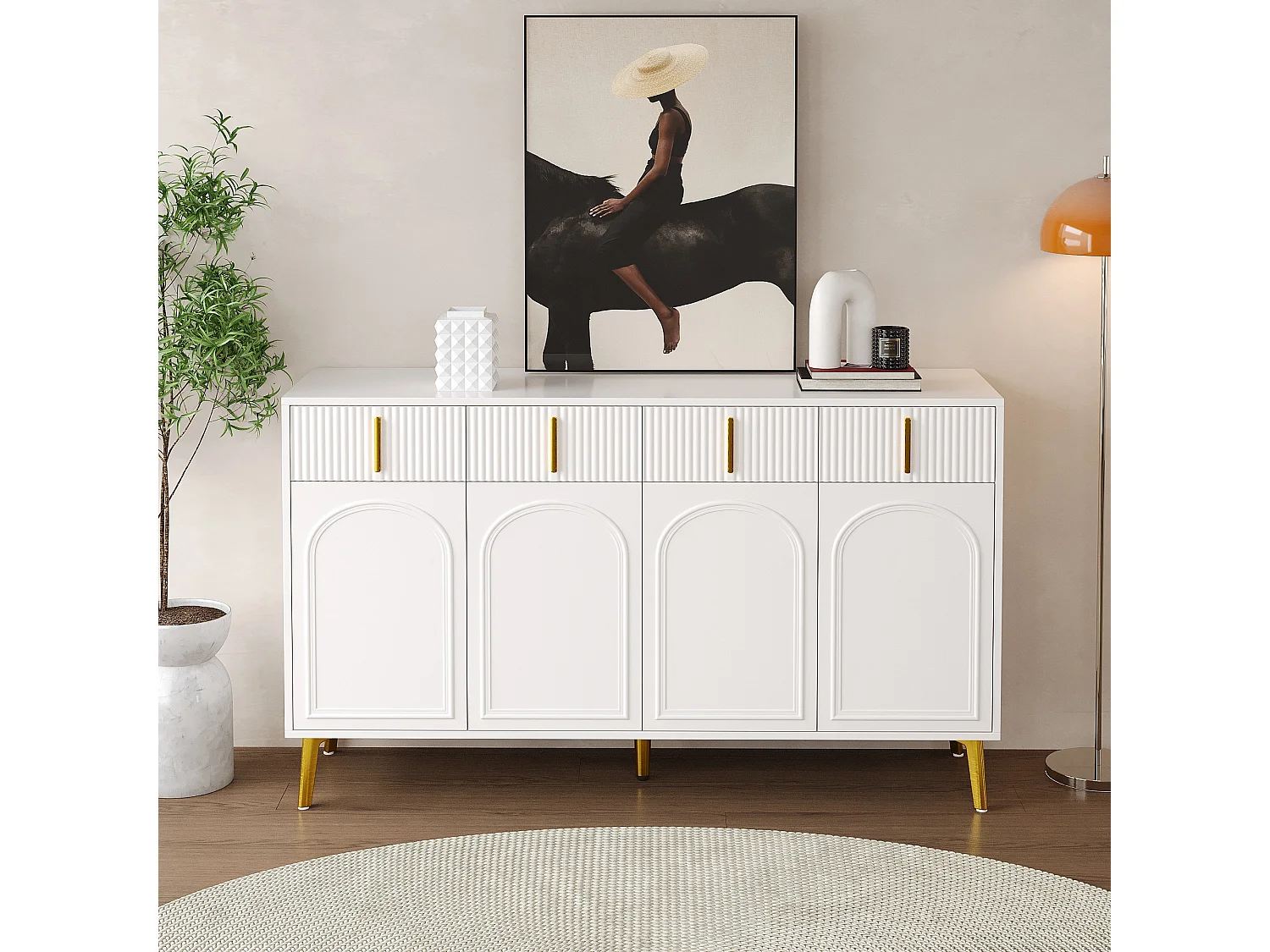 Dressoir met 4 deuren en 4 lades - 140 x 37,8 x 82 cm - MDF hout en gouden handgrepen en poten - Wit