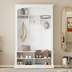 Entreegarderobe met kapstok en schoenenopbergbank – 120x40x190 cm – Wit Entreegarderobe met kapstok en schoenenopbergbank – 120x40x190 cm – Wit