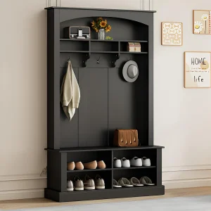 Entreegarderobe met kapstok en schoenenopbergbank – 120x40x190 cm – Zwart Entreegarderobe met kapstok en schoenenopbergbank – 120x40x190 cm – Zwart