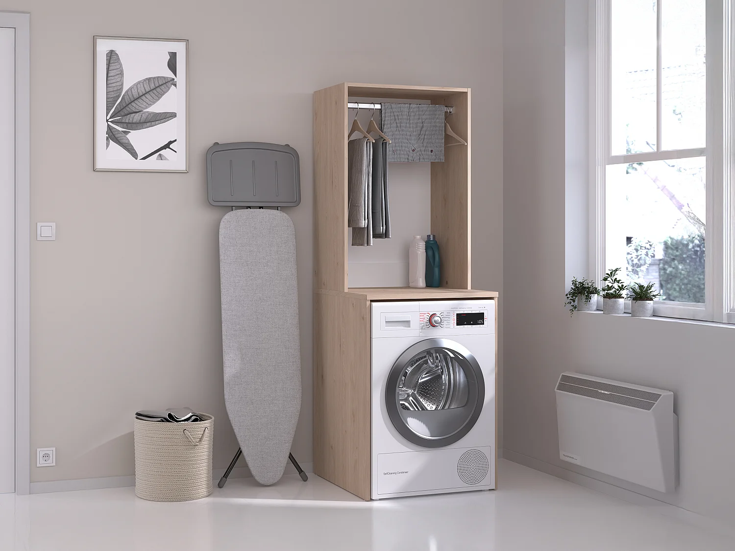Wasmeubel voor wasmachine met kledingstang - L65 x H184 cm - ERKANO