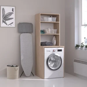 Wasmeubel voor wasmachine en 2 planken – L65 x H184 cm – ERKANO Wasmeubel voor wasmachine en 2 planken – L65 x H184 cm – ERKANO