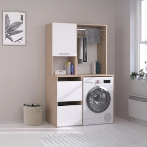Meubel voor machine, hangkast en rek, lichte houtlook en wit, L111 x H184 cm, ERKANO
