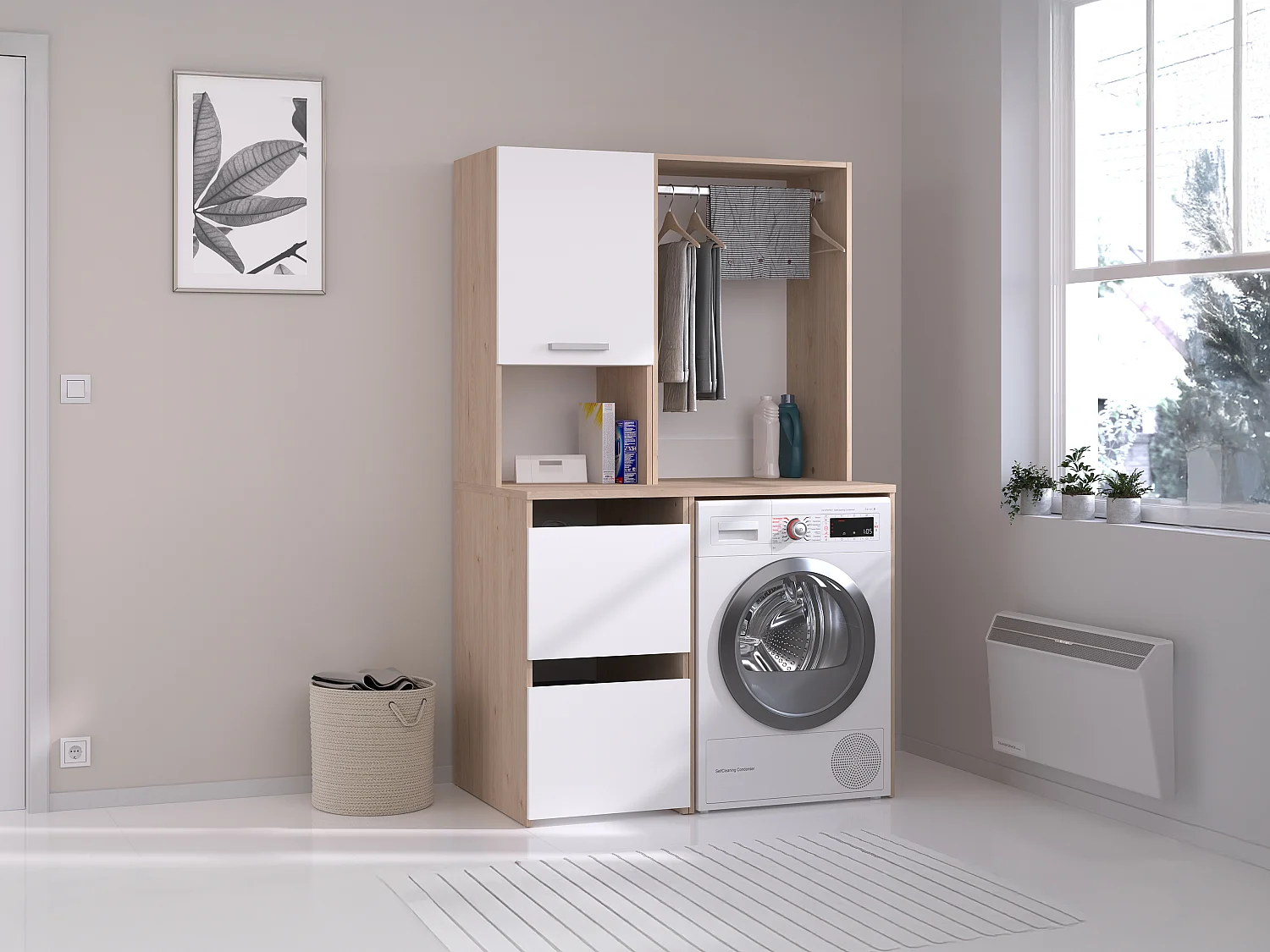 Meubel voor machine, hangkast en rek, lichte houtlook en wit, L111 x H184 cm, ERKANO