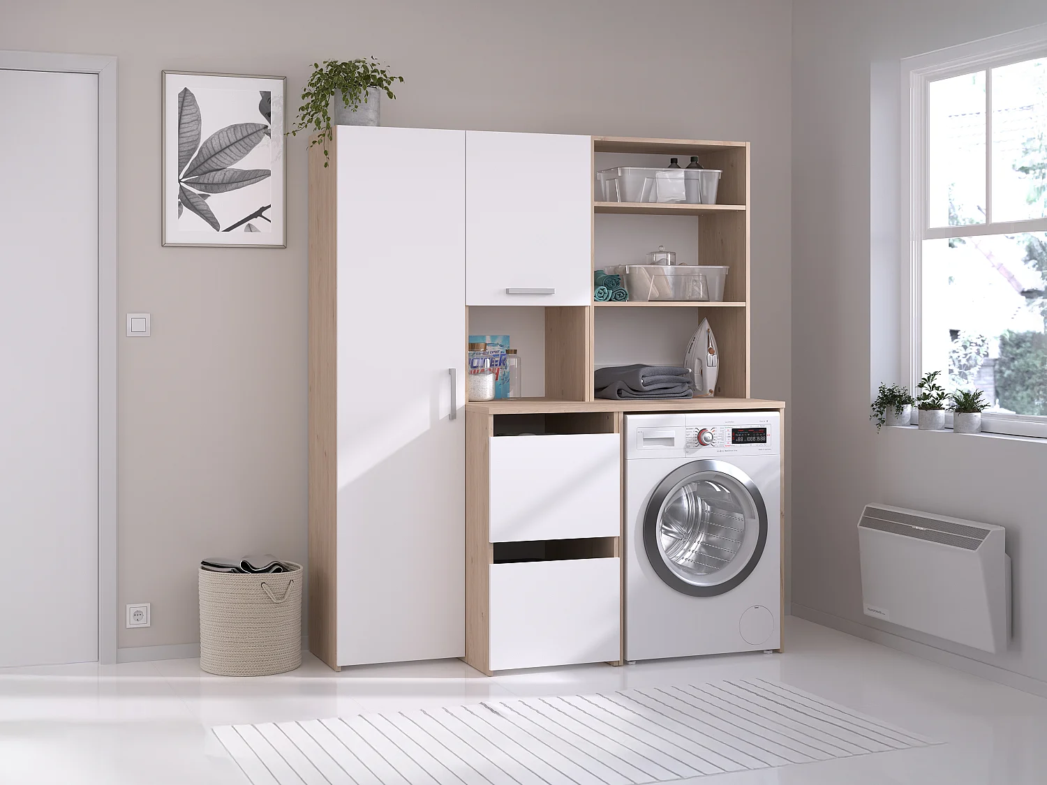 Machinemeubel met opbergruimte - Lichte houtlook en wit - L156 x H184 cm - ERKANO