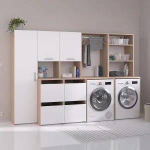 Meubel voor 2 machines met opbergruimte – Lichte houtlook en wit – L269 x H184 cm – ERKANO Meubel voor 2 machines met opbergruimte – Lichte houtlook en wit – L269 x H184 cm – ERKANO