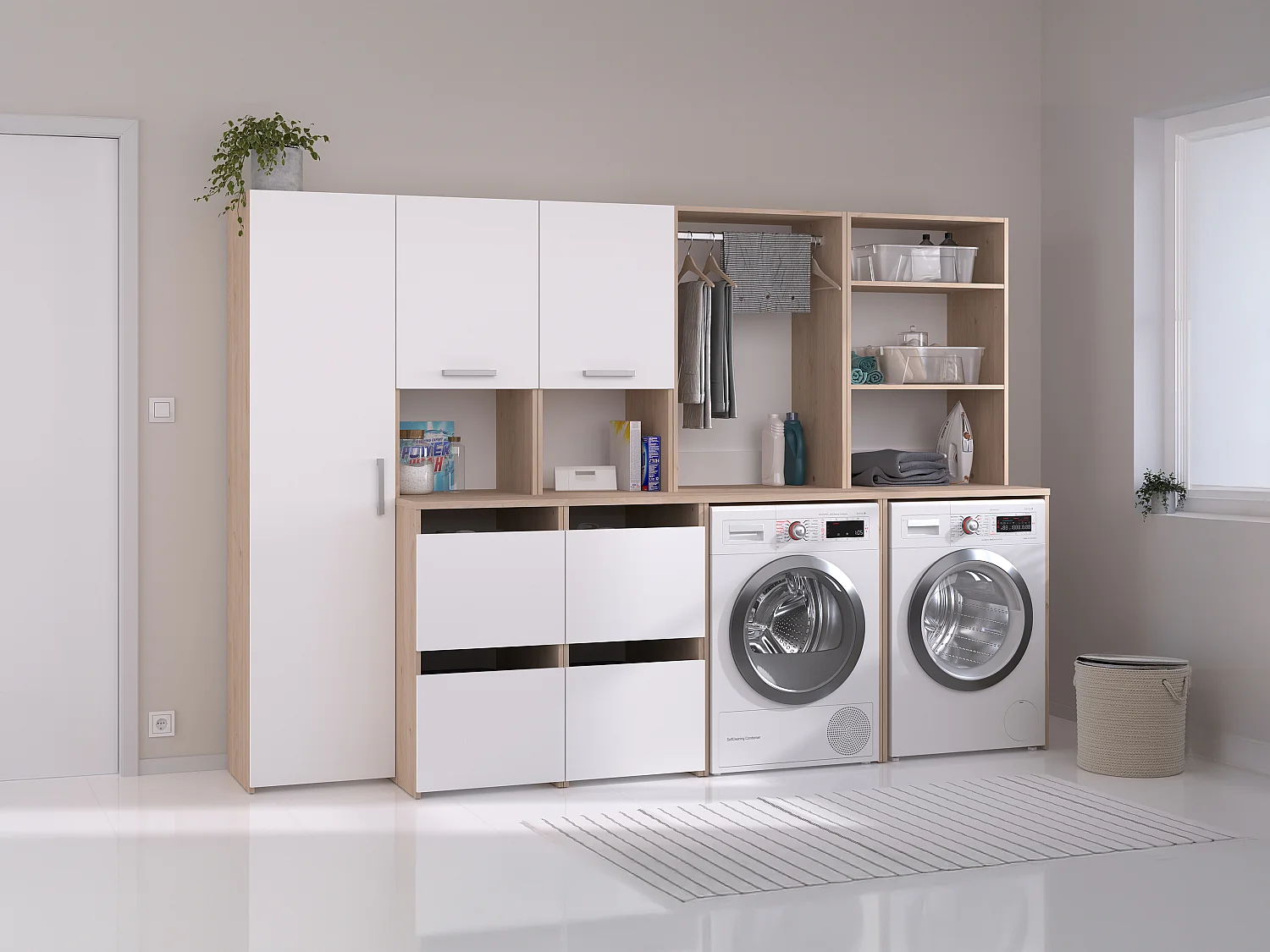 Meubel voor 2 machines met opbergruimte - Lichte houtlook en wit - L269 x H184 cm - ERKANO