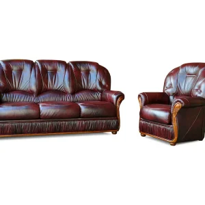 Driezitsbank en fauteuil DAPHNE 100% leer – bordeaux rood