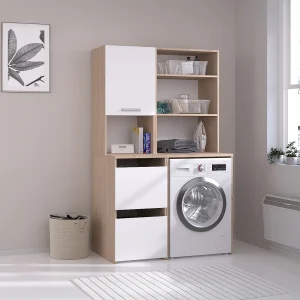 Machinemeubel met opbergruimte – Lichte houtlook en wit – L111,8 x H184 cm – ERKANO Machinemeubel met opbergruimte – Lichte houtlook en wit – L111,8 x H184 cm – ERKANO