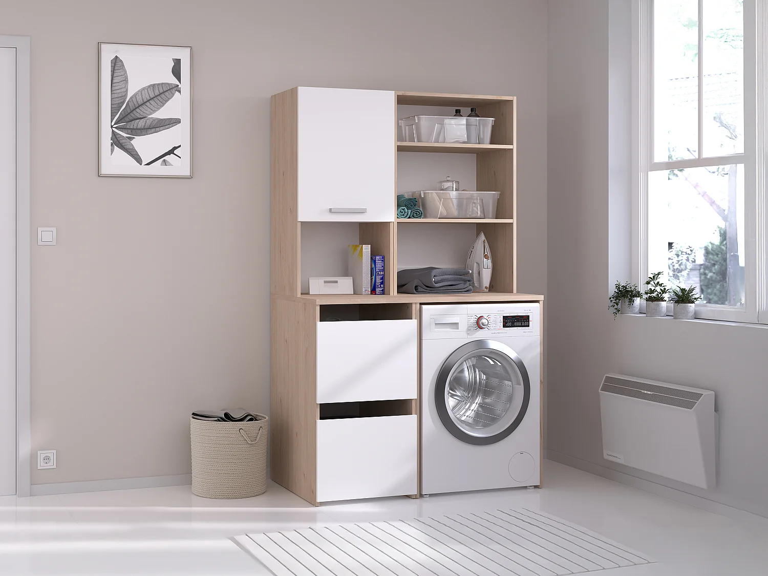 Machinemeubel met opbergruimte - Lichte houtlook en wit - L111,8 x H184 cm - ERKANO