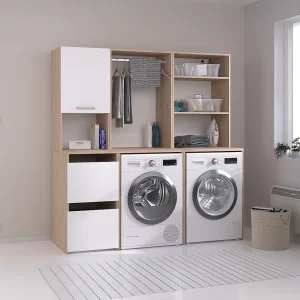 Meubel voor 2 was/droogmachines – Lichte houtlook en wit – L176 x 184 x D66 cm – ERKANO Meubel voor 2 was/droogmachines – Lichte houtlook en wit – L176 x 184 x D66 cm – ERKANO