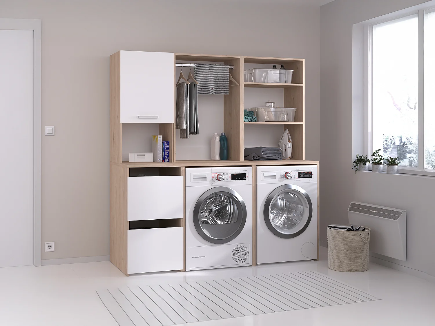 Meubel voor 2 was/droogmachines - Lichte houtlook en wit - L176 x 184 x D66 cm - ERKANO