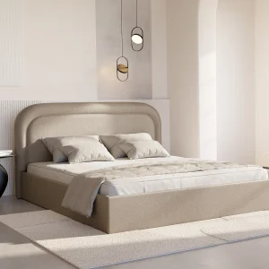 Bed met opbergruimte 140 x 190 cm in gevlamde beige stof – FIREZA II Bed met opbergruimte 140 x 190 cm in gevlamde beige stof – FIREZA II
