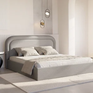 Bed met opbergruimte 180 x 200 cm in gevlamde lichtgrijze stof – FIREZA II Bed met opbergruimte 180 x 200 cm in gevlamde lichtgrijze stof – FIREZA II