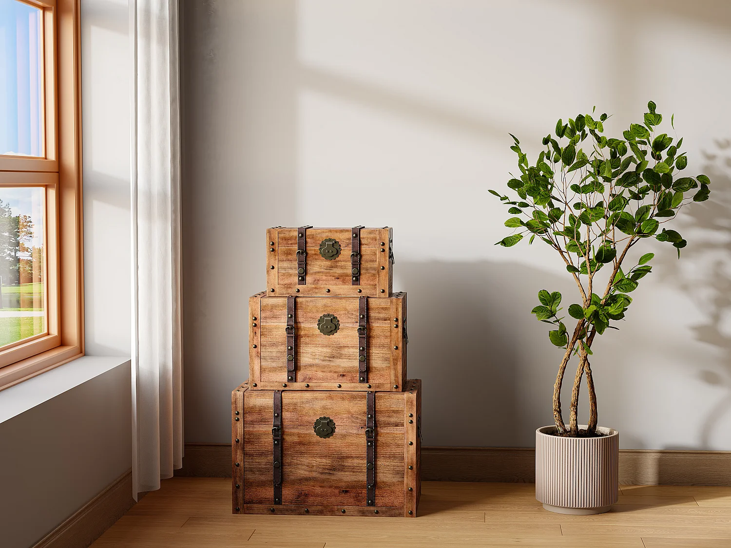Set van 3 koffers van hout, opbergkoffers van hout en mdf - Naturel - ESPARTA