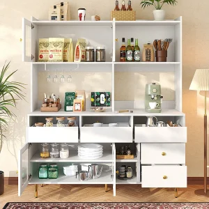 Eetkamer buffetkast (145 x 39 x 171 cm), met regenboog glazen deuren, wijnglas houder, elegant wit met gouden accenten Eetkamer buffetkast (145 x 39 x 171 cm), met regenboog glazen deuren, wijnglas houder, elegant wit met gouden accenten