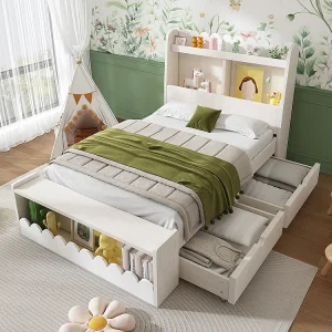 Eenpersoons kinderbed 90×200 cm met laden, planken en bank met opbergruimte, wit + eik Eenpersoons kinderbed 90×200 cm met laden, planken en bank met opbergruimte, wit + eik