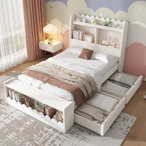 Eenpersoons kinderbed 90×190 cm, met laden, planken en opbergruimte, kleur wit + eiken Eenpersoons kinderbed 90×190 cm, met laden, planken en opbergruimte, kleur wit + eiken