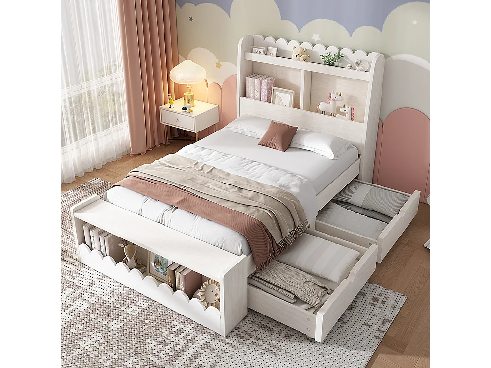 Eenpersoons kinderbed 90x190 cm, met laden, planken en opbergruimte, kleur wit + eiken