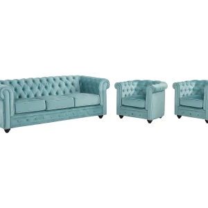 Driezitsbank en 2 fauteuils van fluweel CHESTERFIELD – pastel blauw Driezitsbank en 2 fauteuils van fluweel CHESTERFIELD – pastel blauw
