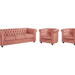 Driezitsbank en 2 fauteuils van fluweel CHESTERFIELD – pastel roze Driezitsbank en 2 fauteuils van fluweel CHESTERFIELD – pastel roze