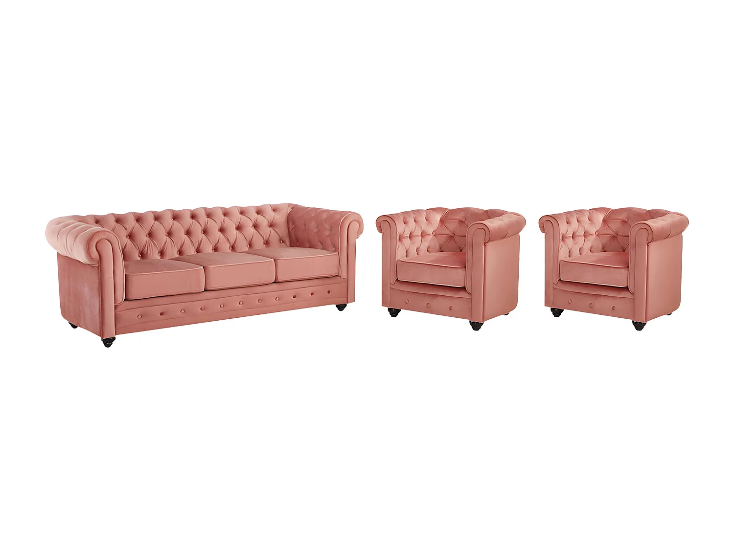 Driezitsbank en 2 fauteuils van fluweel CHESTERFIELD - pastel roze