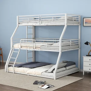 Driepersoonsstapelbedden 90/120/140 x 200 cm met 2 ladders – Metaal – Lattenbodem – Wit (zonder matras)