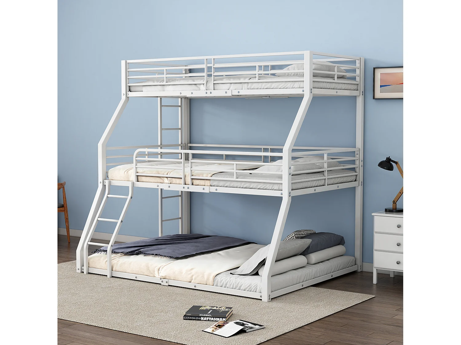 Driepersoonsstapelbedden 90/120/140 x 200 cm met 2 ladders - Metaal - Lattenbodem - Wit (zonder matras)