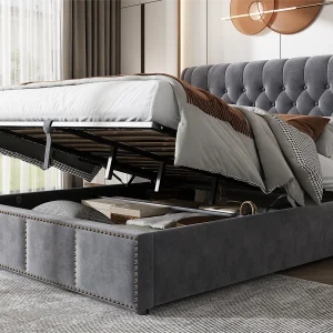 Fluwelen gestoffeerd opbergbed – versierd met klinknagels – met lattenbodem – 140x190cm – Grijs Fluwelen gestoffeerd opbergbed – versierd met klinknagels – met lattenbodem – 140x190cm – Grijs