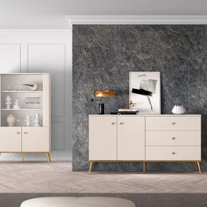 Dressoir – 160 cm – 2 deuren met drie laden – greige met gouden poten – SELGIN Dressoir – 160 cm – 2 deuren met drie laden – greige met gouden poten – SELGIN