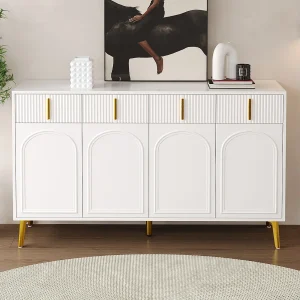 Dressoir 140×37,8x82cm – met 4 deuren, 4 laden, gouden handgrepen en poten – verwijderbaar laminaat – Wit Dressoir 140×37,8x82cm – met 4 deuren, 4 laden, gouden handgrepen en poten – verwijderbaar laminaat – Wit