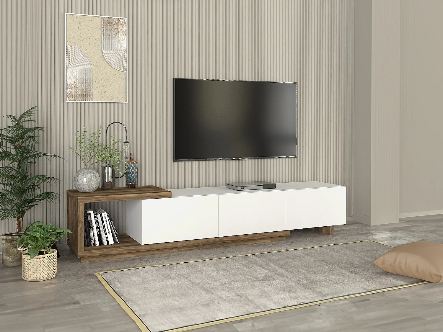 Tv-meubel met 3 lades en 1 nis - Wit en naturel - DUKIAN