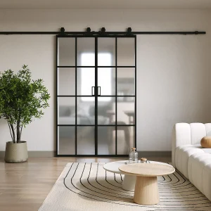 Dubbele hangende schuifdeur – Mat gehard glas – 2 x H205 x L83 cm – WILDEN II Dubbele hangende schuifdeur – Mat gehard glas – 2 x H205 x L83 cm – WILDEN II