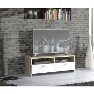 Eigentijdse mat witte en eiken TV-meubel, slimme opbergruimte, 95 cm Eigentijdse mat witte en eiken TV-meubel, slimme opbergruimte, 95 cm